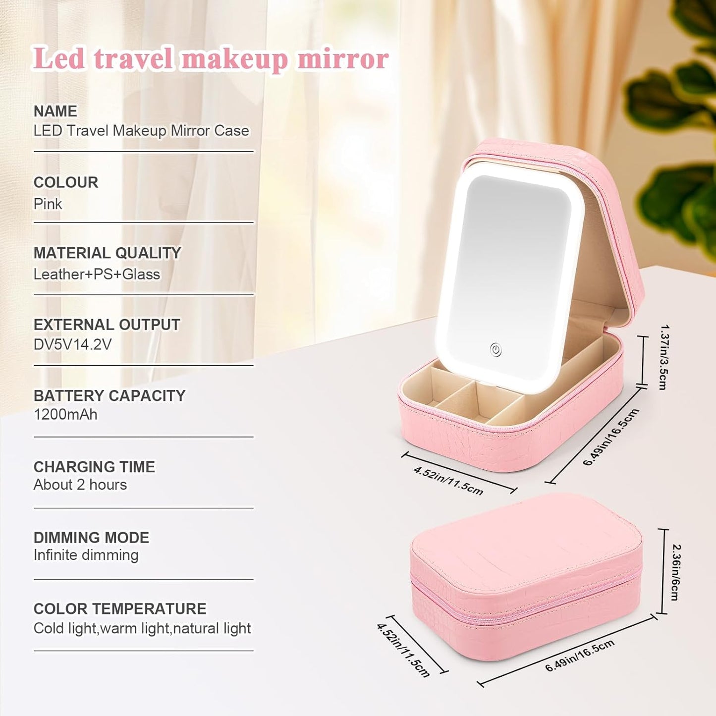 Small Travel LED Makeup Mirror Case with 3 Adjustable Color Light Settings, Dust-Proof Jewelry Box, Mini Cosmetic Train Case Ideal for Short Trips (Croc Pink)