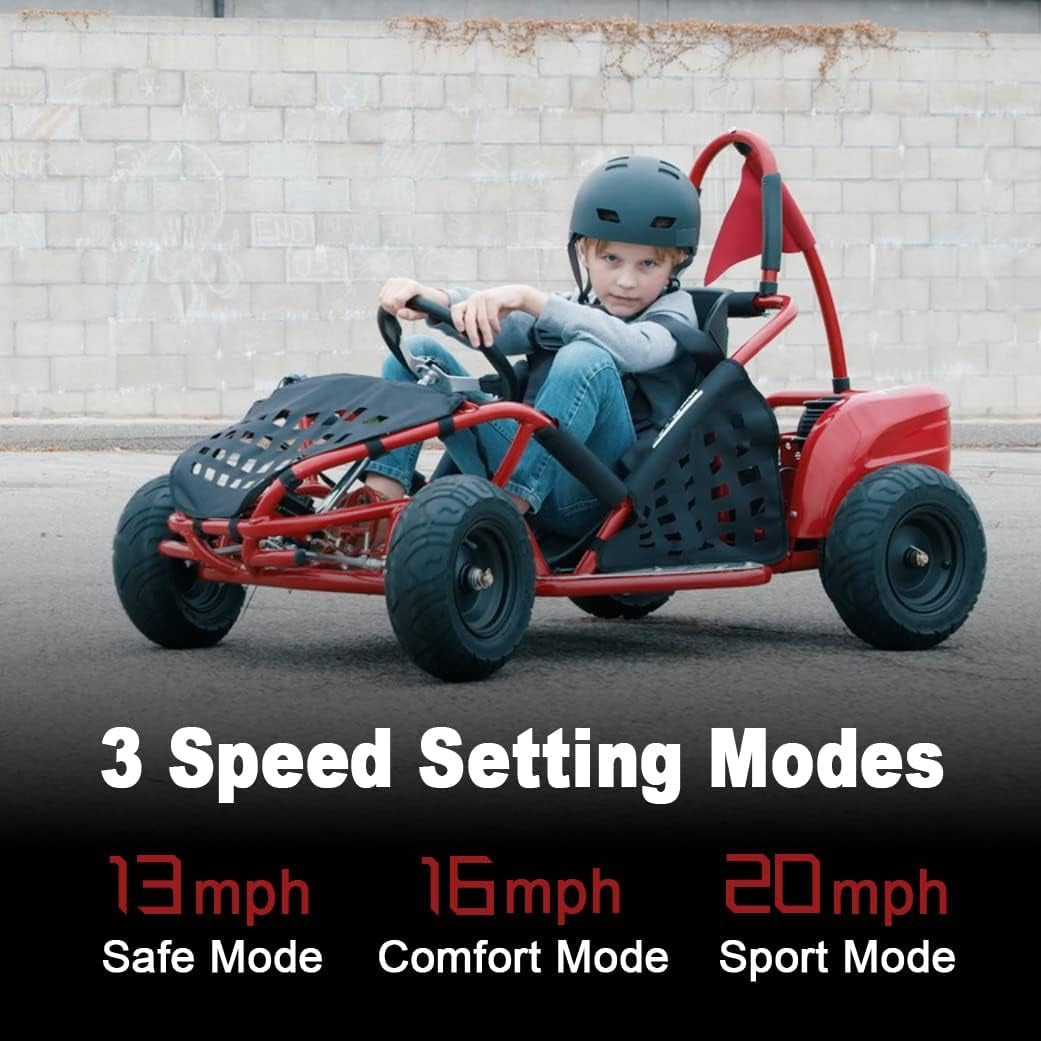 Baja-X 48V 1000W Brushless Electric Go Kart, 3-Speed Setting Go Kart W/Forward & Reverse, Racing Go Cart up to 20 Mph W/Foot Pedal & Foot Break, Go Cart Support up to 175 Lbs (Red)