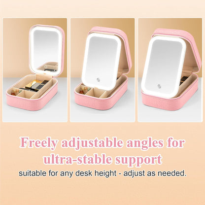 Small Travel LED Makeup Mirror Case with 3 Adjustable Color Light Settings, Dust-Proof Jewelry Box, Mini Cosmetic Train Case Ideal for Short Trips (Croc Pink)