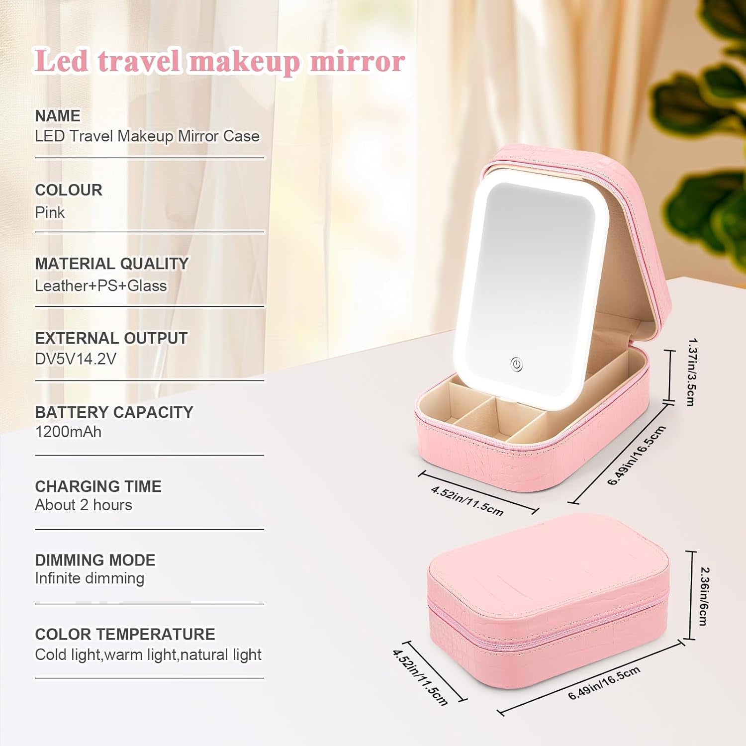 Small Travel LED Makeup Mirror Case with 3 Adjustable Color Light Settings, Dust-Proof Jewelry Box, Mini Cosmetic Train Case Ideal for Short Trips (Croc Pink)