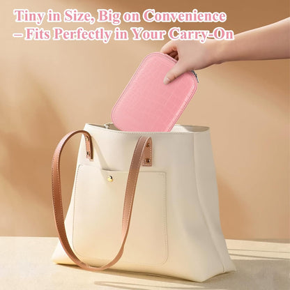 Small Travel LED Makeup Mirror Case with 3 Adjustable Color Light Settings, Dust-Proof Jewelry Box, Mini Cosmetic Train Case Ideal for Short Trips (Croc Pink)