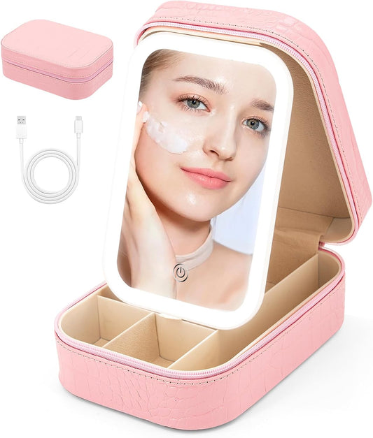 Small Travel LED Makeup Mirror Case with 3 Adjustable Color Light Settings, Dust-Proof Jewelry Box, Mini Cosmetic Train Case Ideal for Short Trips (Croc Pink)