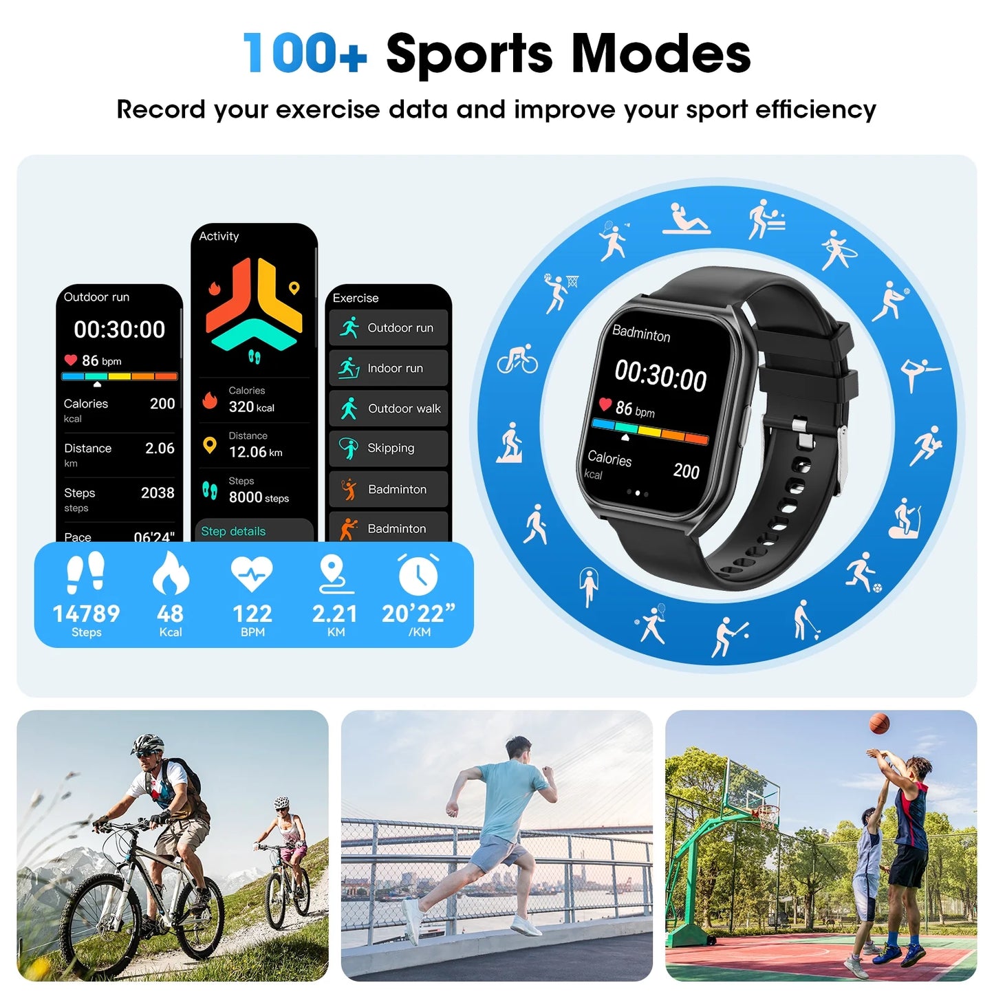 1.85-Inch Men'S and Women'S Smartwatch Fits for Android and Iphone Devices with Fitness Tracker, 100+ Sport Modes / Answer / Call, IP68 Waterproof Fitness Watch (Black)