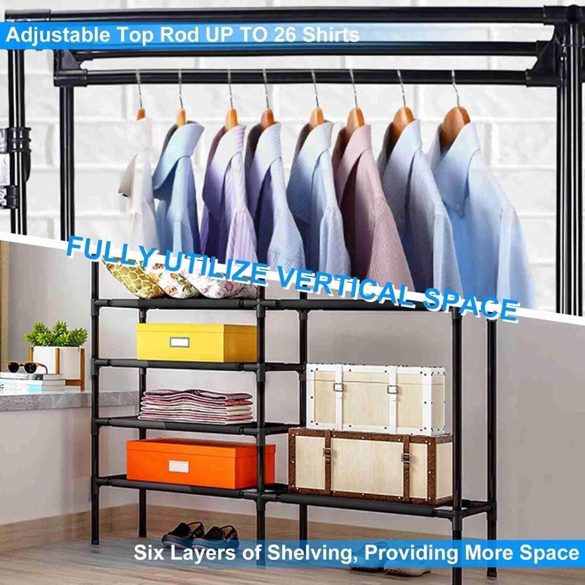 Heavy Duty Clothes Rack Double Rods Clothing Racks For Hanging Clothes White Black Multi-functional Garment Racks With 4 Tiers Closet Shelves And Rotatable