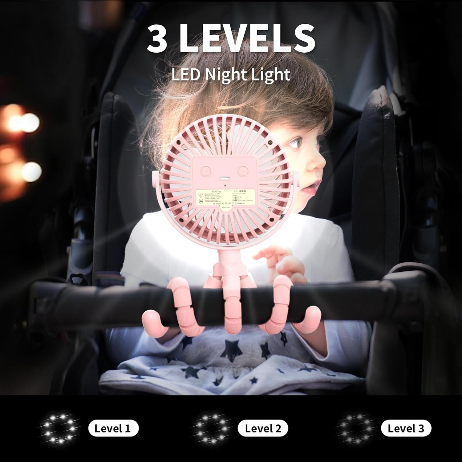 Battery Operated Stroller Fan Flexible Tripod Clip on Fan with 3 Speeds and Rotatable Handheld Personal Fans for Car Seat Crib Bike Treadmill (Pink)
