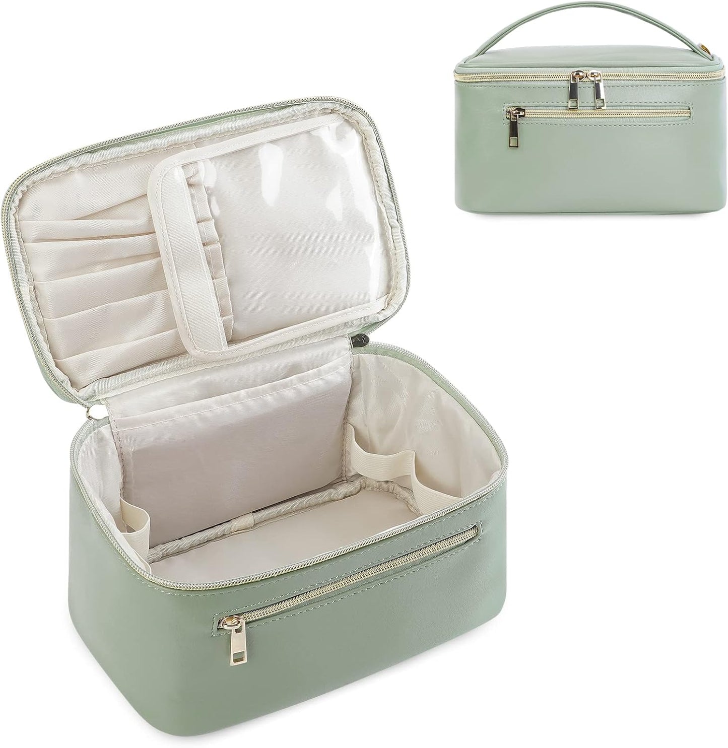 Makeup Bag, Travel Make up Organizer Cosmetic Brush Bags Case for Women in Vegan Leather, Sage Green, Patent Pending
