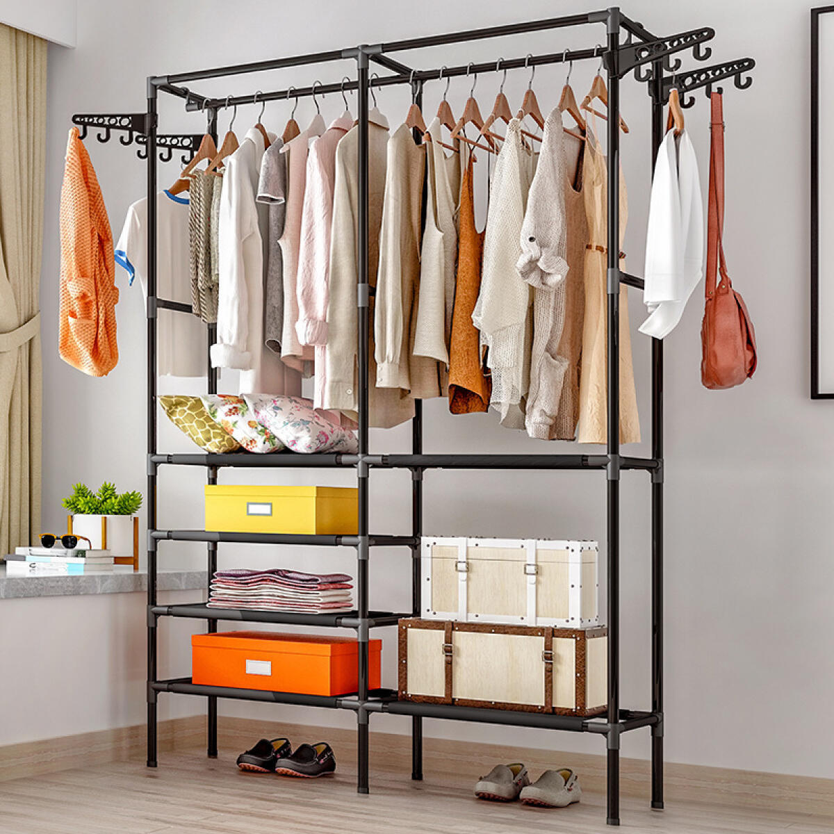 Heavy Duty Clothes Rack Double Rods Clothing Racks For Hanging Clothes White Black Multi-functional Garment Racks With 4 Tiers Closet Shelves And Rotatable