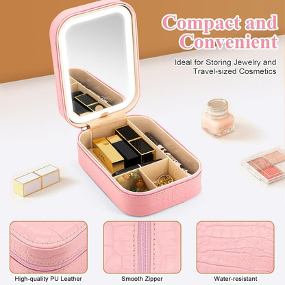 Small Travel LED Makeup Mirror Case with 3 Adjustable Color Light Settings, Dust-Proof Jewelry Box, Mini Cosmetic Train Case Ideal for Short Trips (Croc Pink)