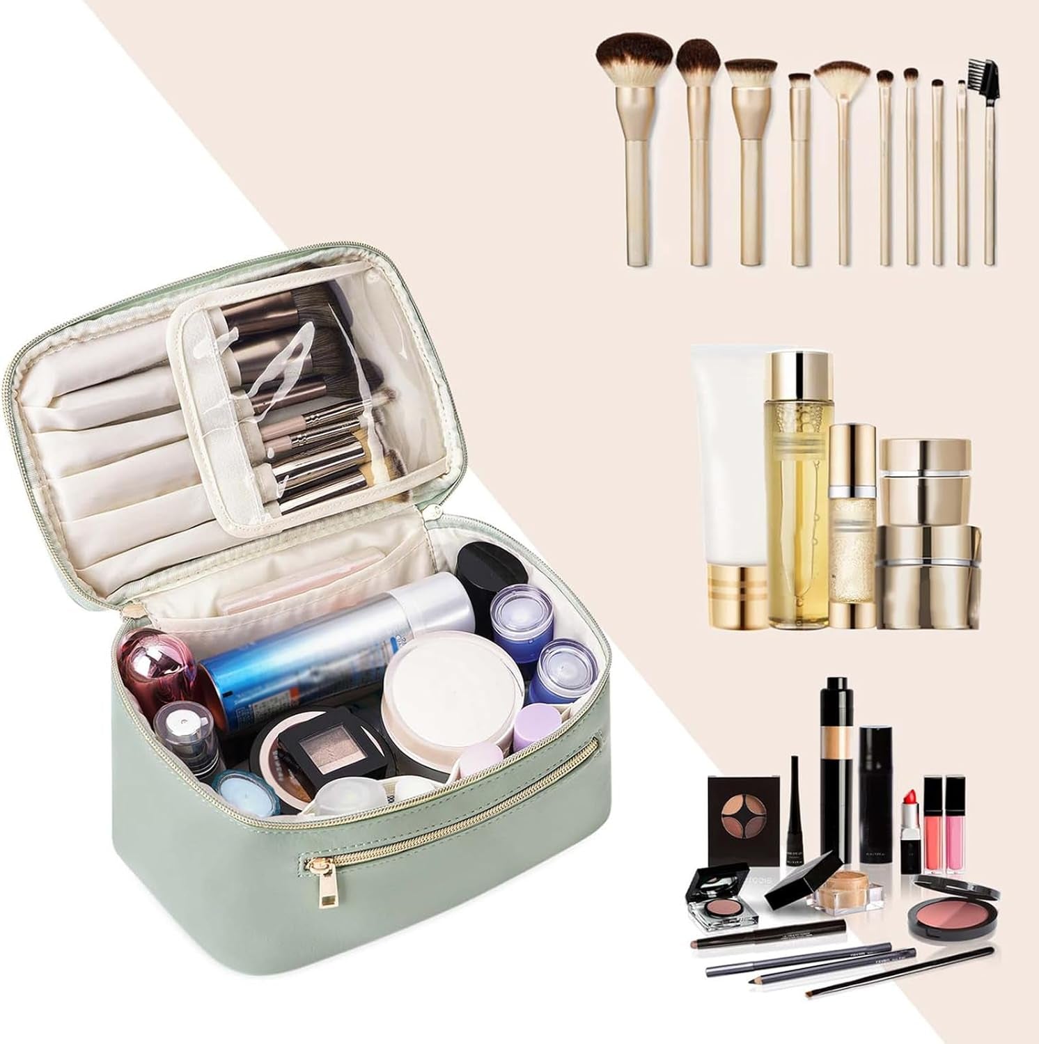 Makeup Bag, Travel Make up Organizer Cosmetic Brush Bags Case for Women in Vegan Leather, Sage Green, Patent Pending