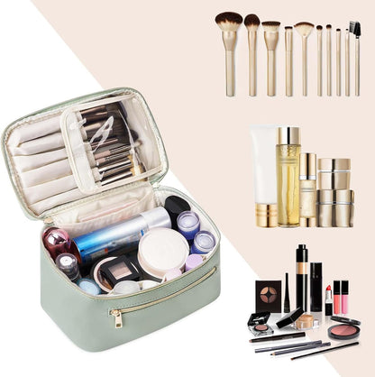 Makeup Bag, Travel Make up Organizer Cosmetic Brush Bags Case for Women in Vegan Leather, Sage Green, Patent Pending
