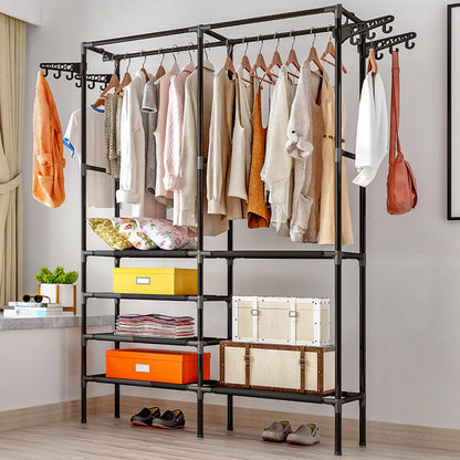 Heavy Duty Clothes Rack Double Rods Clothing Racks For Hanging Clothes White Black Multi-functional Garment Racks With 4 Tiers Closet Shelves And Rotatable